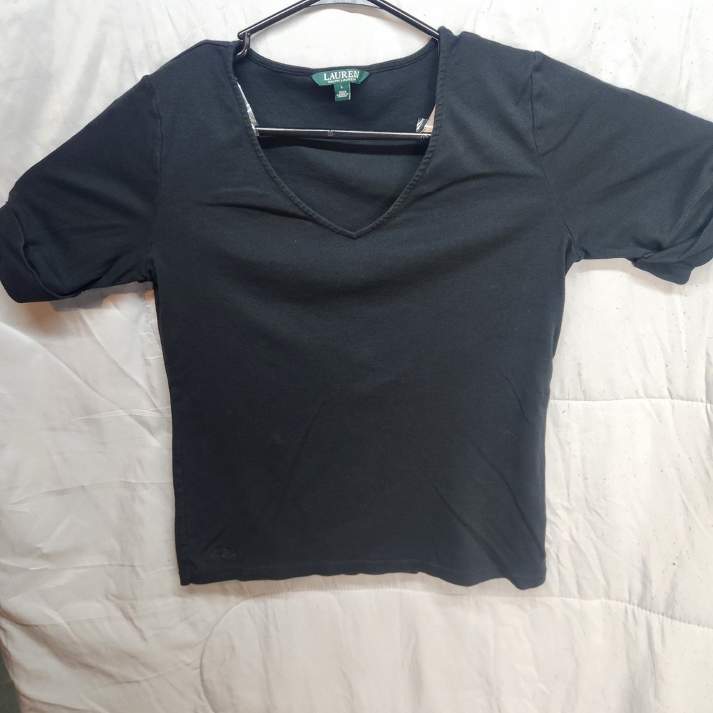 Lauren Ralph Lauren Top L Large Women Blouse Black Folded Half Short Sleeve V